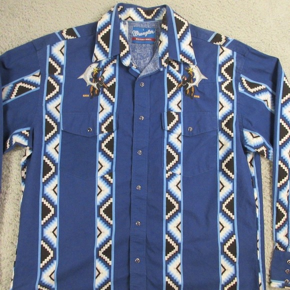 VTG Wrangler Mens Western Aztec Shirt size L Embroidered Shark‎ King Kong Gaucho - Picture 2 of 10